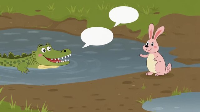 Cartoon Green Crocodile Smiling Mischievously In Calm River Surrounded By Greenery