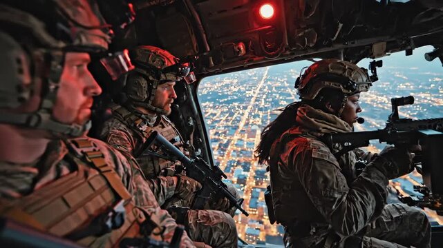 Soldiers inside military helicopter during night urban operation. Diverse team in tactical gear overlooking city lights from aircraft interior. Intense airborne assault and special forces mission