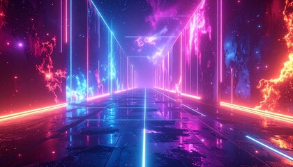 Vast Cosmic Corridor of Neon Lights and Nebulae - A Sci-Fi Dreamscape