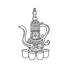 Thin Line Illustration of an Arabic coffee or tea pot and cup with ethnic details.