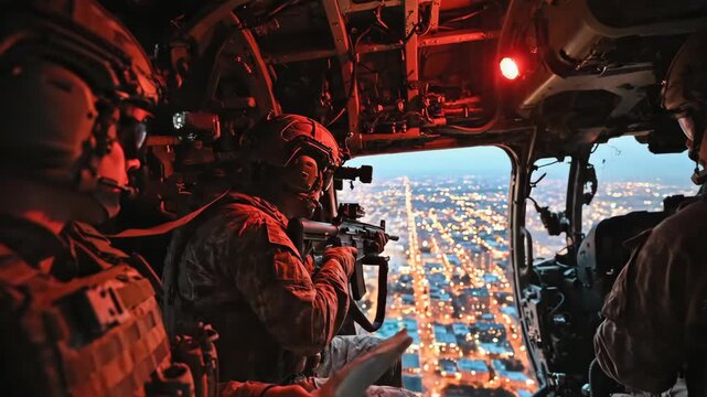 Men in tactical gear inside military helicopter at night. Soldiers with rifles overlooking city lights and roads. Intense special forces urban surveillance operation from aerial interior.