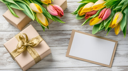 Spring Tulip Bouquet and Gift Box with Blank Card. Colorful tulips, gift box, and blank card for spring celebration