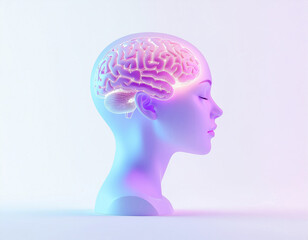 Stylized digital profile of human head with glowing neon brain in pink and white, shades of blue and purple, symbolizing neuroscience, cognition, mental health, AI, and futuristic technology concepts.