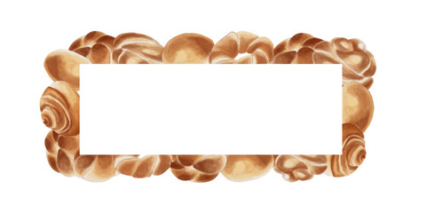 Homemade buns in a rectangular banner with space for text in the center. Watercolor illustration. Fresh and warm baked goods. A culinary-themed art project.