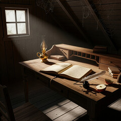 Historical writer's desk in a rustic attic. Vintage scene with quill, ink, and an open book lit by an oil lamp.