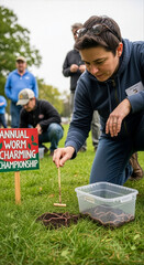 Person competing in an annual worm charming championship. Collecting earthworms from the soil during a quirky outdoor hobby event.