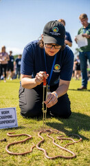 A woman competes in a worm charming championship on a grassy field. Participant using a tool to create vibrations and lure earthworms. Unusual hobby and folk sport concept.