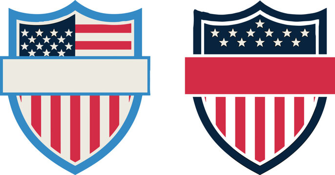 Patriotic United States of America flag shield badges with blank banners for text for 4th of July Independence Day or Veterans Day