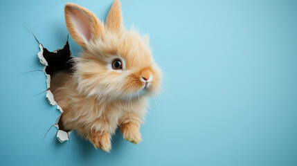 Fluffy Bunny Peeking Out of Hole in Blue Wall. Cute bunny emerging from a hole in a blue wall