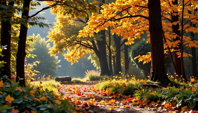 A serene autumn forest with fallen leaves covering the ground. A path meanders through the center of the frame, inviting viewers to imagine a tranquil walk in the crisp fall air - Powered by Adobe