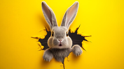 Bunny Peeking Through Hole in Yellow Wall. Cute bunny emerging from a hole in a vibrant yellow wall
