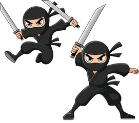 Cartoon Ninja Warrior Characters in Action Poses Holding Katana Swords, Japanese Shinobi Assassin Vector Illustration Set for Gaming, Martial Arts Mascot, and Kid Graphic Design