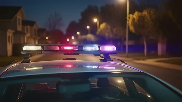Police patrol car with a rotating rooftop siren illuminating a quiet suburban street, featuring vibrant neon reflections and a cinematic nighttime atmosphere.