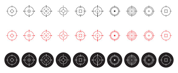 Target and aim icon set, crosshair, bullseyes, aiming marks, and shooting symbols vector design. target icons, crosshairs for shooting range, sniper, and hunting themes, digital art, and UI projects © Agastya 897
