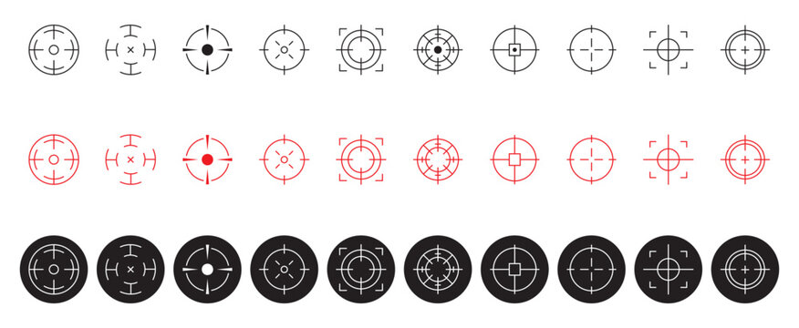 Target and aim icon set, crosshair, bullseyes, aiming marks, and shooting symbols vector design. target icons, crosshairs for shooting range, sniper, and hunting themes, digital art, and UI projects
