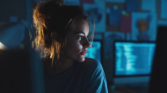Focused developer working late night, illuminated by computer screen glow. 