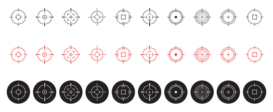 Target and aim icon set, crosshair, bullseyes, aiming marks, and shooting symbols vector design. target icons, crosshairs for shooting range, sniper, and hunting themes, digital art, and UI projects