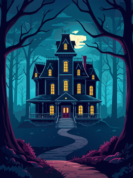 A spooky, dimly lit Victorian mansion stands ominously in a dark, moonlit forest with bare trees.