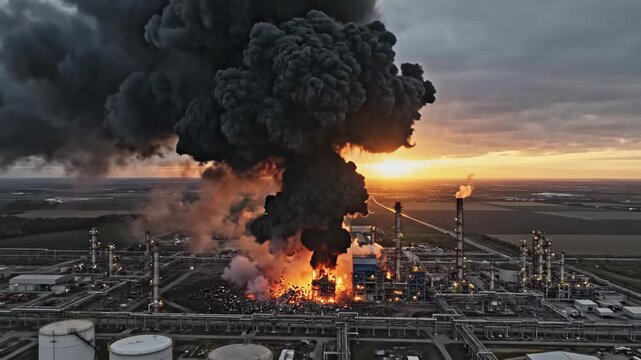 Aerial drone view of massive explosion at industrial refinery. Fireball and thick black smoke erupting from facility. Sunset disaster scene for emergency response and safety concepts.