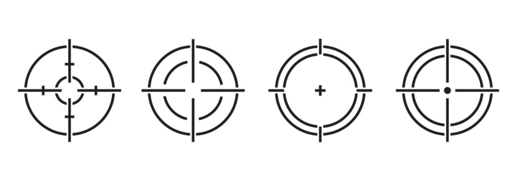 Target aim icons set. Sniper target aim shoot icon collection. Black aim icon set. Set of black sight icons. Crosshair, gun sight vector icons.