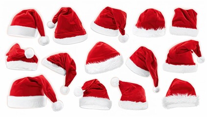 Fototapeta premium Assorted Santa Claus hats with fluffy white trim on white background, symbolizing Christmas spirit, winter season, and holiday fun