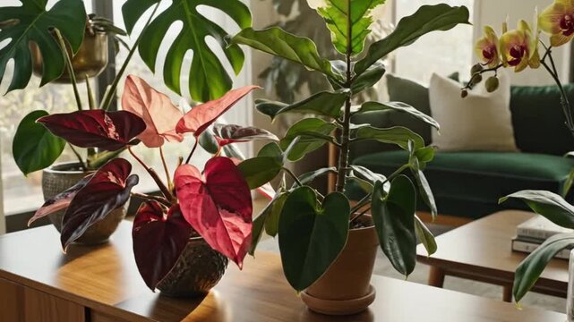 Indoor plants on furniture redgreen foliage varieties in pots near couchwindow