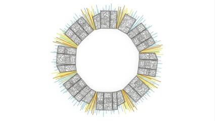 Abstract circular design with radiating yellow lines and grey blocks on a white background.