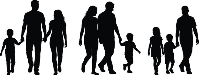 Multiple families walking together silhouette, parents holding hands with children, family life, generation, togetherness, isolated vector illustration.