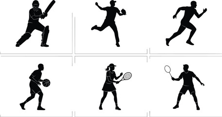 Set of six different sports silhouettes, collection of cricket, baseball, running, basketball, tennis, and badminton players, isolated vector.