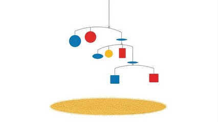 Abstract Mobile Art with Colorful Geometric Shapes Hanging Over a Golden Oval.
