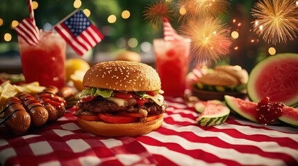 A festive fourth of july picnic with burgers hotdogs watermelon and drinks with american flags and fireworks