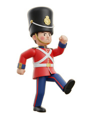 A 3D-rendered digital image of a toy soldier in a red uniform with blue pants and a black hat, striking a determined pose