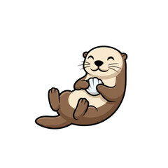 A cute, digital cartoon of a brown and cream-colored otter, smiling, lying on its back, holding a white cloth, with a transparent background