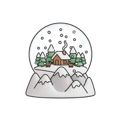 Digital cartoon drawing of a snow globe with a small, cozy cabin, surrounded by snow-covered trees and mountains
