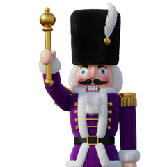 CGI image of a traditional nutcracker soldier with a black hat, purple coat with gold trim, white beard