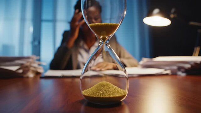 Macro timelapse of golden sand flowing through hourglass on wooden desk. African american woman working with documents in modern office. Time management deadline pressure business concept for