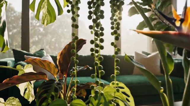 Lush indoor scene with plants including a vibrant bird of paradise against a backdrop of a green sofa
