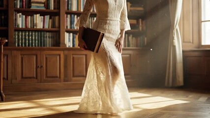Elegant woman reading vintage book in sunlit library, lost in literary adventure, perfect for academic promotion and book club marketing, serene moment