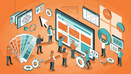 Team of designers collaborating on a web development project.