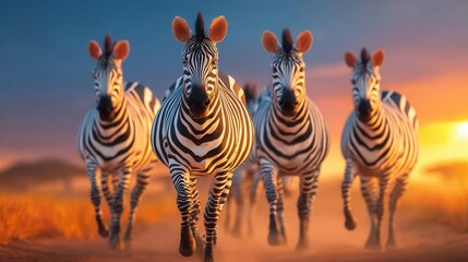 Fototapeta premium Zebras running towards camera in sunset savannah landscape