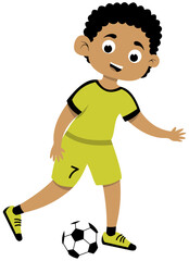 Curly Haired Brown Skinned Boy Practicing Inside Foot Pass Step 2, Soccer Illustration. Editable Color Vector