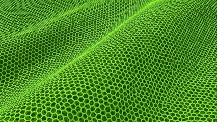 Abstract green mesh fabric texture background with flowing waves.