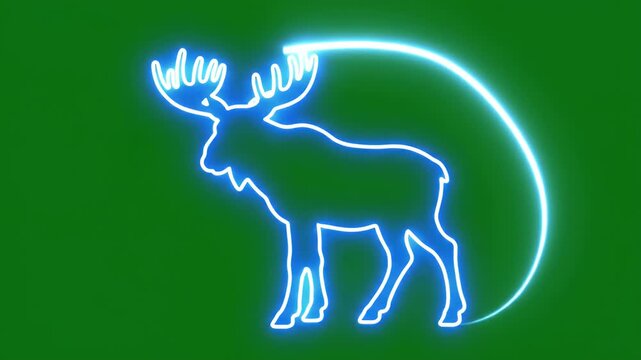 Neon Moose on Green Background - A stylized neon outline of a moose is displayed against a solid green background. The moose is in profile, with large antlers and a flowing, curved tail.