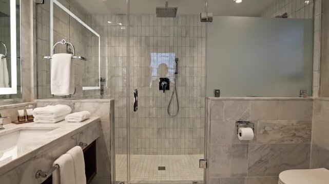Modern bathroom with glass shower marble countertop toilet  bright mirror