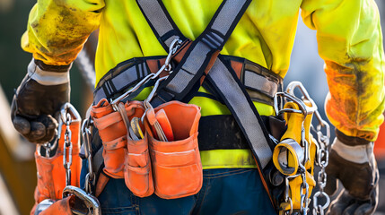 Construction Worker with Safety Harness and Tools on Job Site. Close-up of construction worker&rsquo;s safety gear and tools on job site