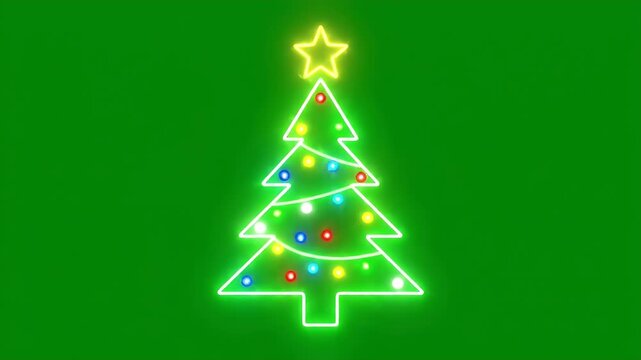 Neon Christmas Tree on Green Background - A white neon Christmas tree outlined with a bright white glow is centered on a solid green background.