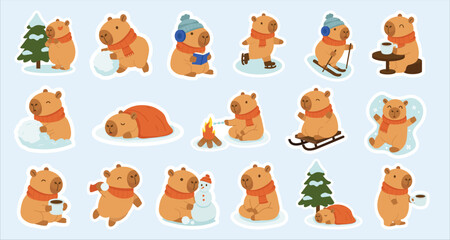 Cute Capybara Winter Sticker Set with Cozy Snow Activities