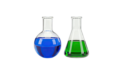 Laboratory Flasks with Colored Liquids on White Background