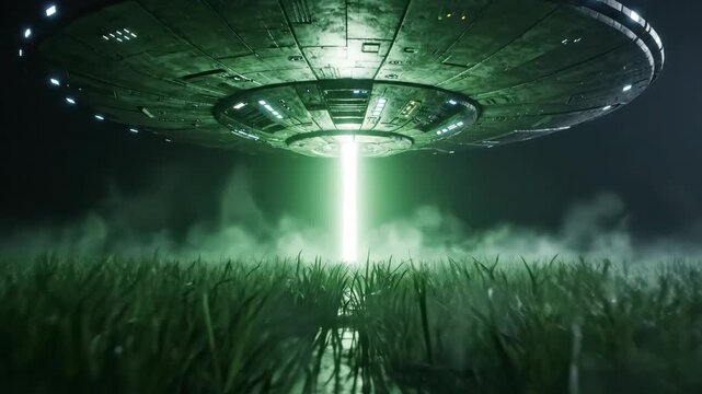 UFO hovering low over misty grass field at night. Glowing alien spacecraft in dark sky. Cinematic sci-fi extraterrestrial visitation concept.