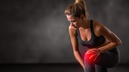 Woman in activewear clutches knee, expression of pain is highlighted. Grayscale background